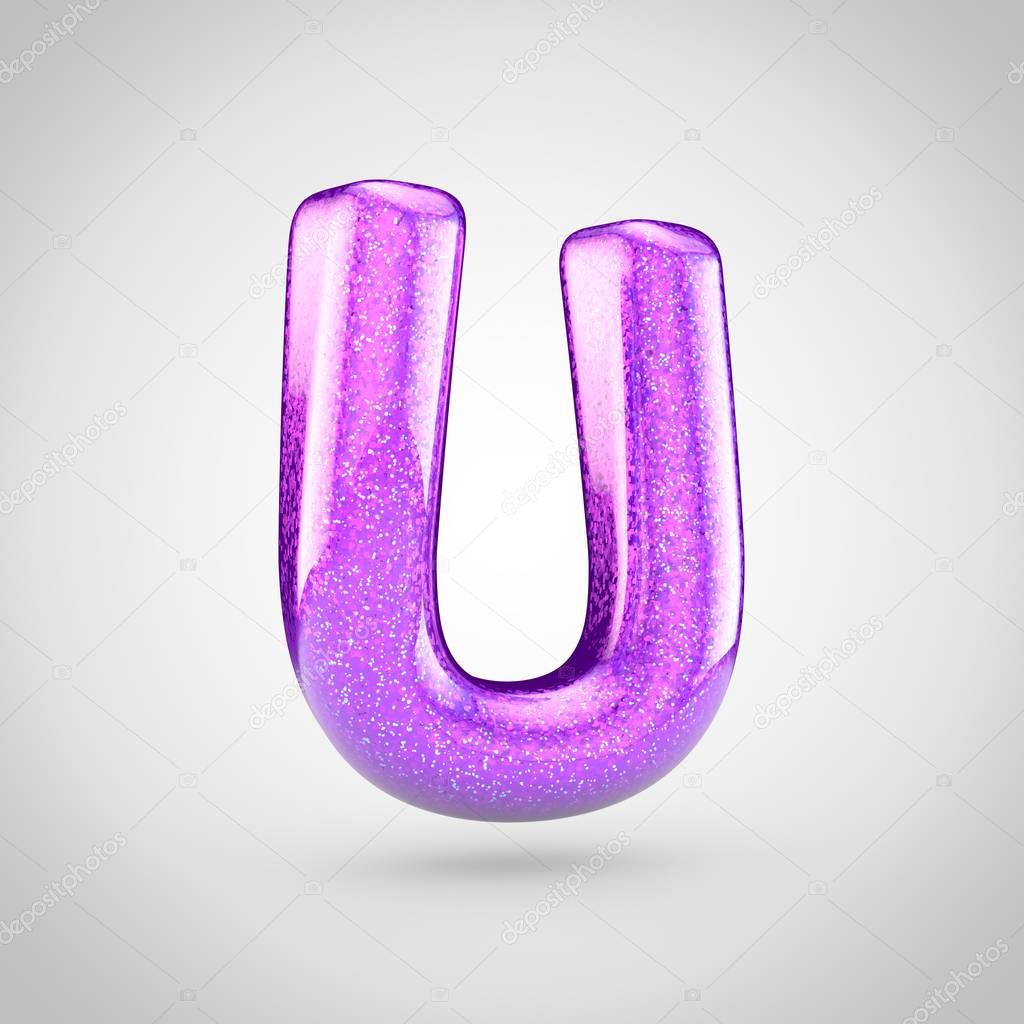 3d render of glossy violet font with glint on white background, glittering uppercase letter U