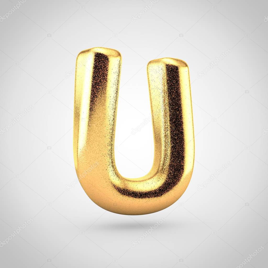 3d render of glossy golden metallic font with glint on white background, balloon design uppercase letter U