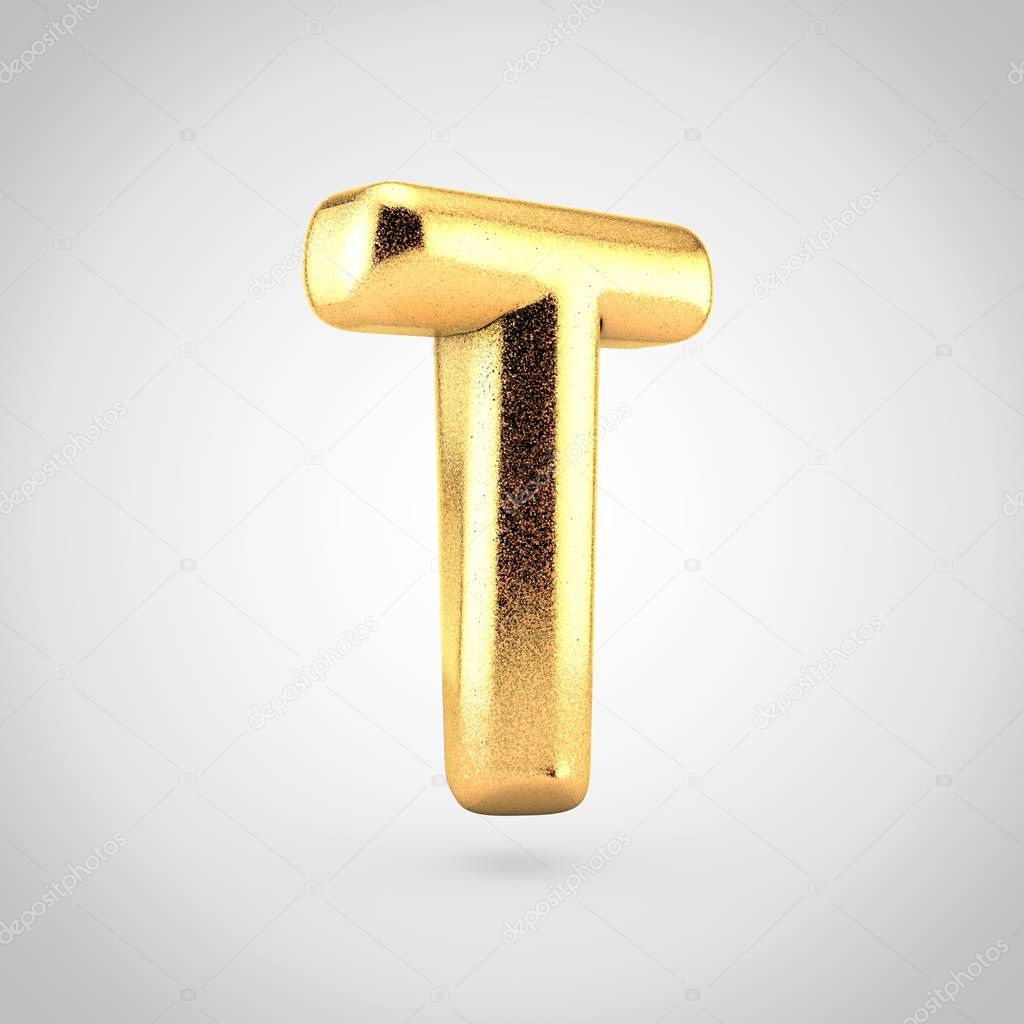 3d render of glossy golden metallic font with glint on white background, balloon design uppercase letter T