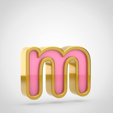 Beyaz arka plan, küçük harf M üzerinde altın anahatla pembe yazı tipinin 3D render