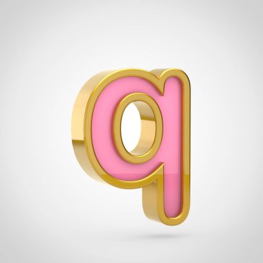 Beyaz arka planda, küçük harf Q altın anahatla pembe yazı tipinin 3D render