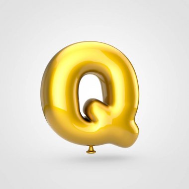 3D render parıltı beyaz arka planda, balon tarzı büyük harf Q ile parlak altın şişirilmiş yazı tipi