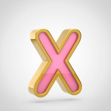 Beyaz arka planda, büyük harf harf X altın anahatla pembe yazı tipinin 3D render