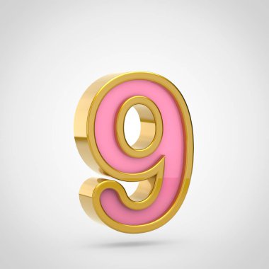 pembe yazı tipiyle altın Anahat Beyaz arka planda, 3d render sayısı 9