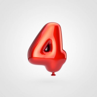 parlak kırmızı şişirilmiş yazı parıltı beyaz arka planda, balon tasarım sayı 4 ile 3D render