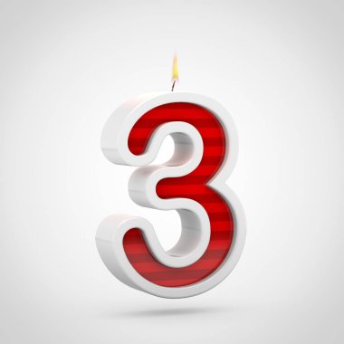 doğum günü mumu yazı tipi sayısı 3 beyaz arka plan, kırmızı şenlikli tasarımını on 3D render
