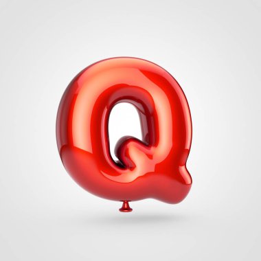 parlak kırmızı şişirilmiş yazı parıltı beyaz arka planda, balon tarzı büyük harf Q ile 3D render