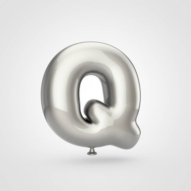 3D render parıltı beyaz arka planda, balon tasarım büyük harf Q ile parlak gümüş şişirilmiş yazı tipi