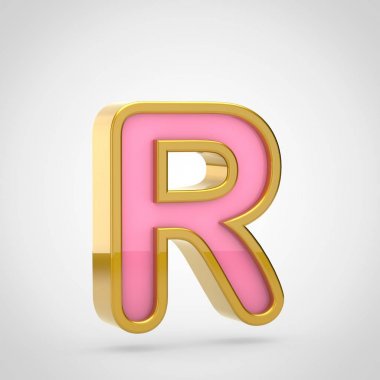 Beyaz arka plan, büyük harf harf R üzerinde altın anahatla pembe yazı tipinin 3D render