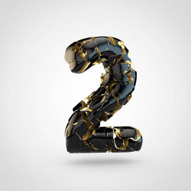 Beyaz arka plan, 3d üzerinde içinde altın Tekstürlü kırık siyah yazı tipinin hale sayı 2