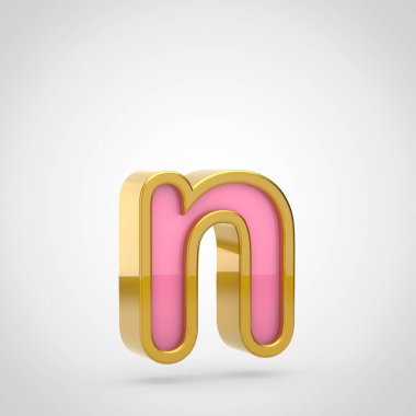 Beyaz arka planda, küçük harf N altın anahatla pembe yazı tipinin 3D render
