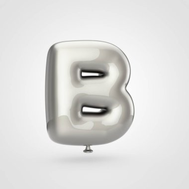 Beyaz arka planda, balon tasarım büyük harf B ışıltı ile parlak gümüş şişirilmiş yazı tipi 3D render