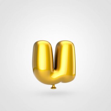 Beyaz arka planda, balon tarzı küçük harf U ışıltı ile parlak altın şişirilmiş yazı tipi 3D render