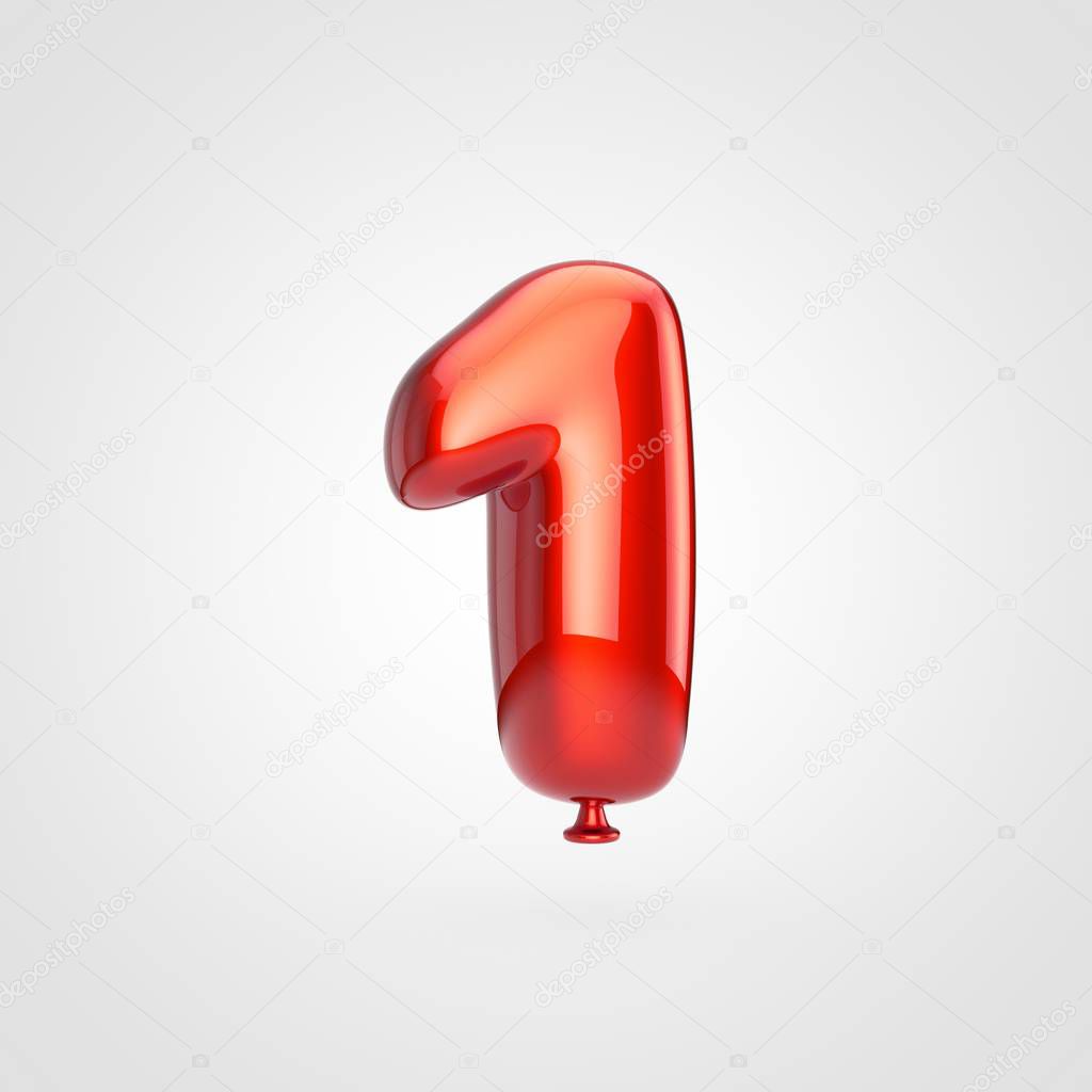 3d render of glossy red inflated font with glint on white background, balloon design number 1