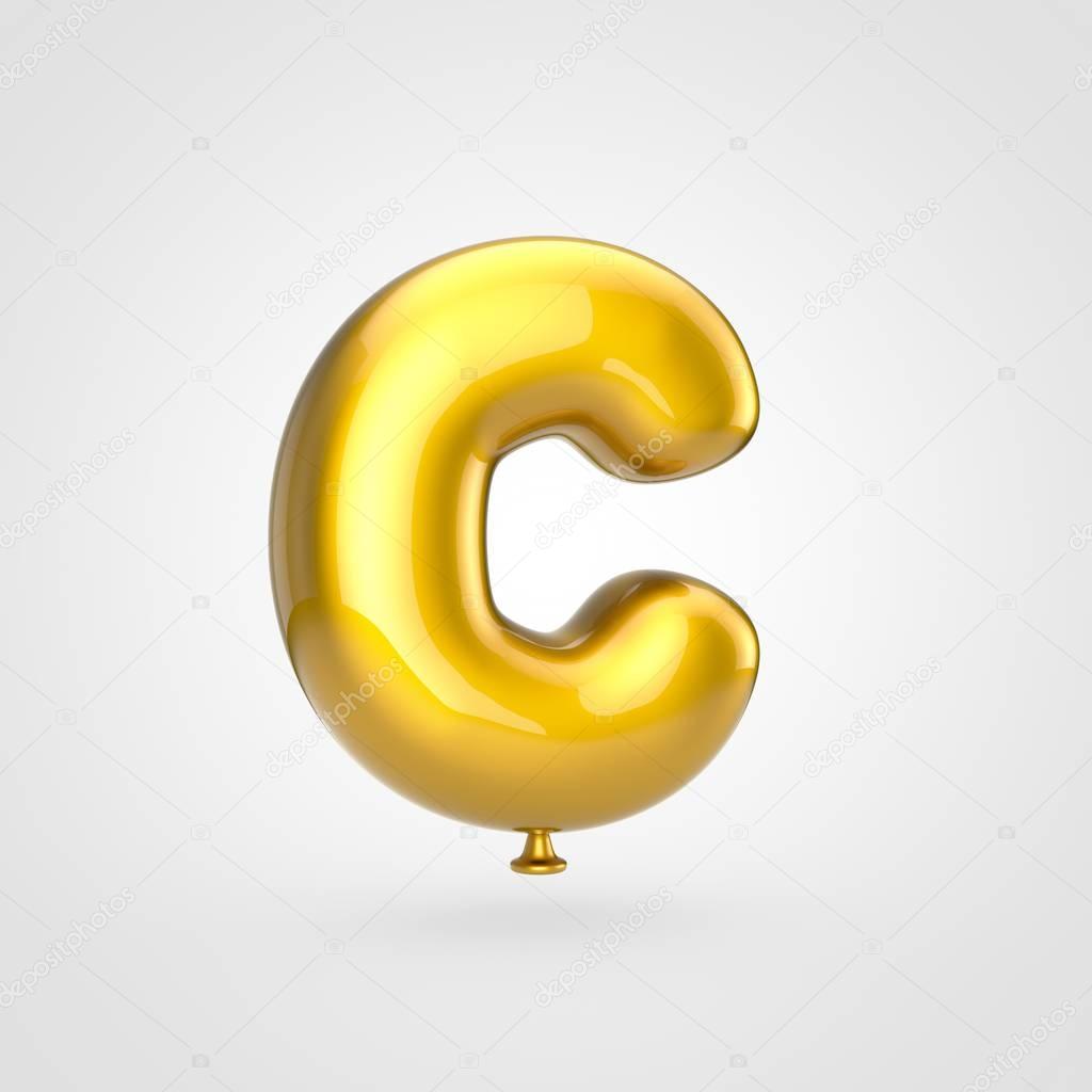 3d render of glossy golden inflated font with glint on white background, balloon style uppercase letter C