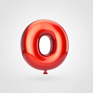 Beyaz arka planda, balon tarzı büyük harf harf O pırıltı ile parlak kırmızı şişirilmiş yazı tipi 3D render