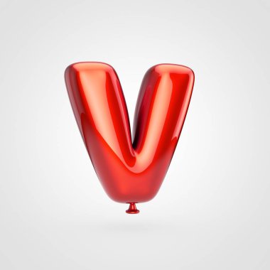 parlak kırmızı şişirilmiş yazı parıltı beyaz arka planda, balon tarzı büyük harf harf V ile 3D render