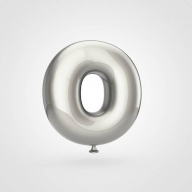 Beyaz arka planda, balon tasarım büyük harf harf O pırıltı ile parlak gümüş şişirilmiş yazı tipi 3D render