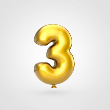 3D render parıltı beyaz arka planda, balon tasarım sayısı 3 ile parlak altın şişirilmiş yazı tipi