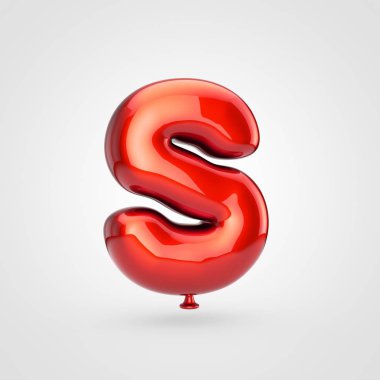 parlak kırmızı şişirilmiş yazı parıltı beyaz arka planda, balon tarzı büyük harf S ile 3D render
