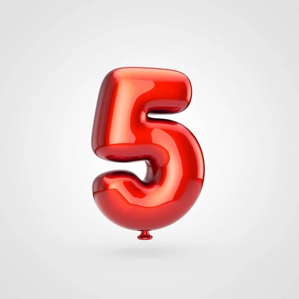 parlak kırmızı şişirilmiş yazı parıltı beyaz arka planda, balon tasarım sayısı 5 ile 3D render