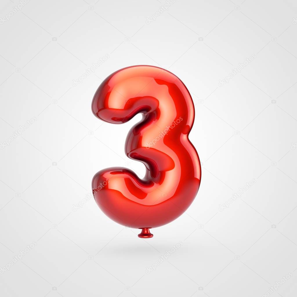 3d render of glossy red inflated font with glint on white background, balloon design number 3