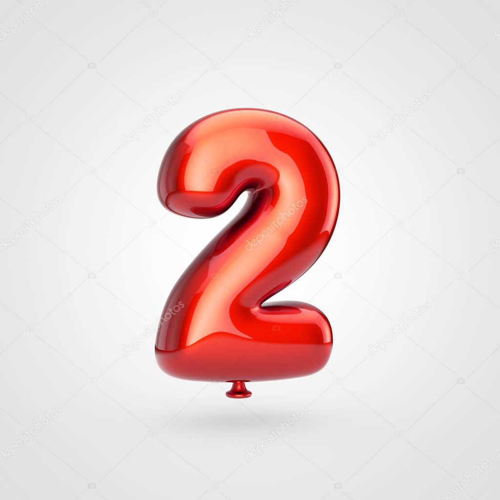 3d render of glossy red inflated font with glint on white background, balloon design number 2
