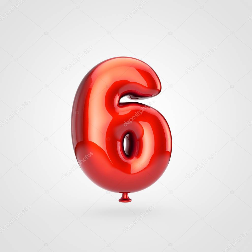 3d render of glossy red inflated font with glint on white background, balloon design number 6