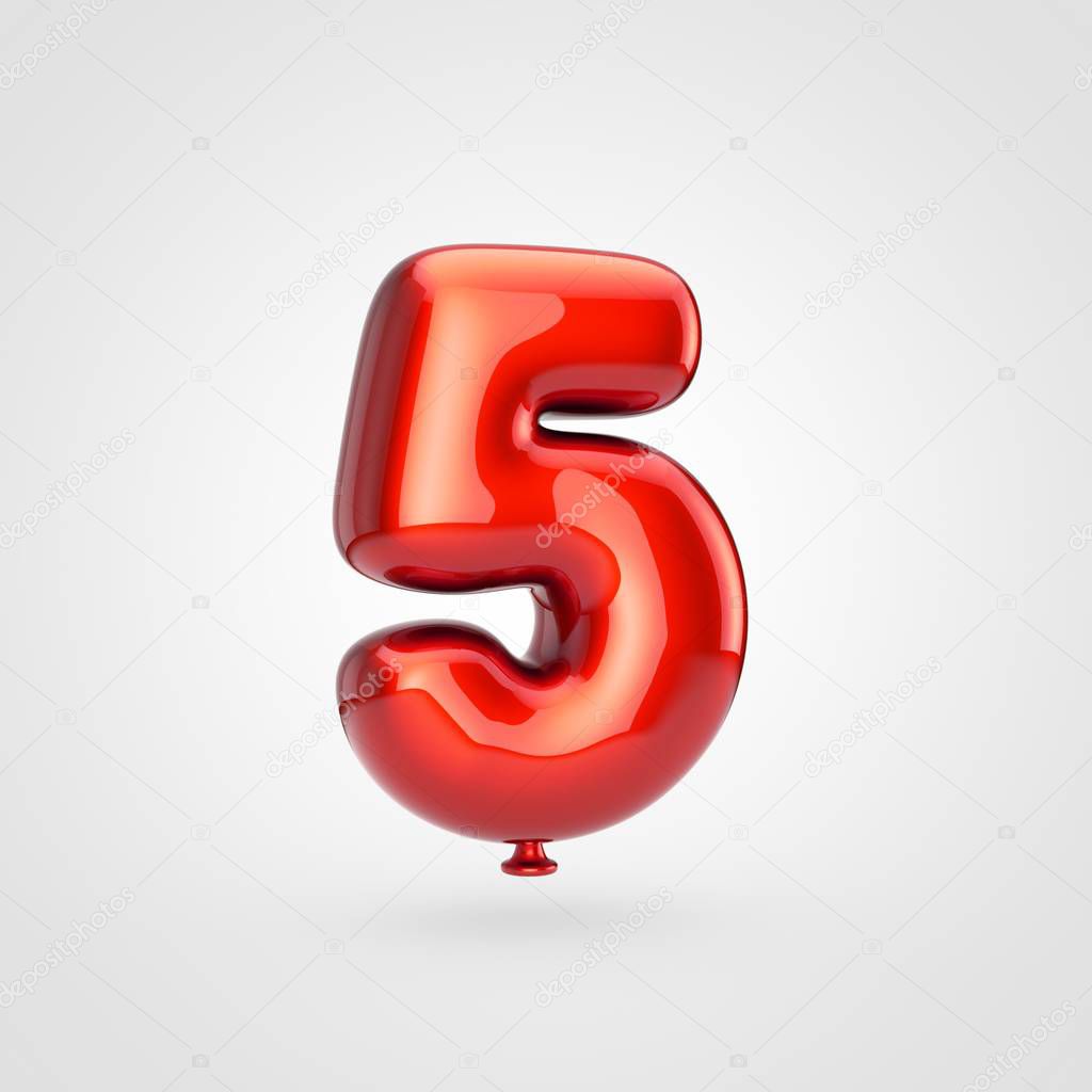 3d render of glossy red inflated font with glint on white background, balloon design number 5