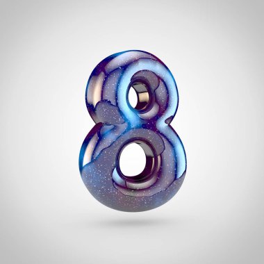 Gökada sayısı 8. parlak yıldız ve beyaz arka plan üzerinde izole kozmik bulutsu gökada yazı tipinin 3D render.
