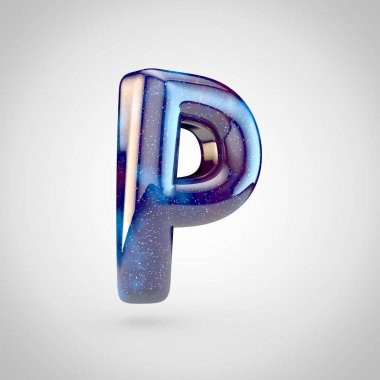 Büyük P harfi gökada. parlak yıldız ve beyaz arka plan üzerinde izole kozmik bulutsu gökada yazı tipinin 3D render.