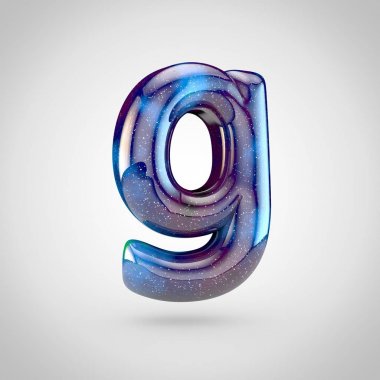 Galaxy mektup g küçük harf. parlak yıldız ve beyaz arka plan üzerinde izole kozmik bulutsu gökada yazı tipinin 3D render.