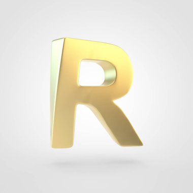 Altın harf R büyük. Beyaz arka plan üzerinde izole keçeleşmiş altın yazı tipinin 3D render.