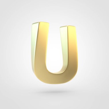 Altın harf U büyük harf. Beyaz arka plan üzerinde izole keçeleşmiş altın yazı tipinin 3D render.