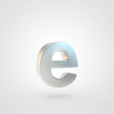 Gümüş harf küçük harf E. Beyaz arka plan üzerinde izole keçeleşmiş gümüş yazı tipinin 3D render.