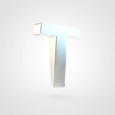 Gümüş harf T büyük harf. Beyaz arka plan üzerinde izole keçeleşmiş gümüş yazı tipinin 3D render.