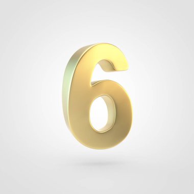 Altın sayı 6. Beyaz arka plan üzerinde izole keçeleşmiş altın yazı tipinin 3D render.