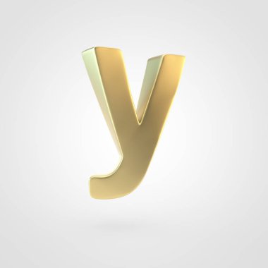 Altın harf y küçük harf. Beyaz arka plan üzerinde izole keçeleşmiş altın yazı tipinin 3D render.