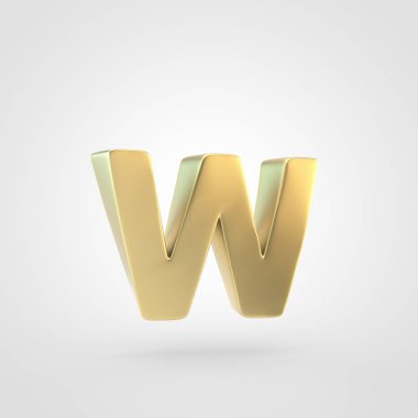 Altın harf w küçük harf. Beyaz arka plan üzerinde izole keçeleşmiş altın yazı tipinin 3D render.