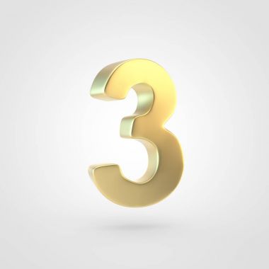 Altın sayı 3. Beyaz arka plan üzerinde izole keçeleşmiş altın yazı tipinin 3D render.