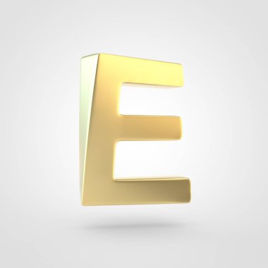 Altın harf E büyük harf. Beyaz arka plan üzerinde izole keçeleşmiş altın yazı tipinin 3D render.