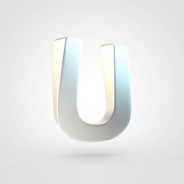 Gümüş harf U büyük harf. Beyaz arka plan üzerinde izole keçeleşmiş gümüş yazı tipinin 3D render.