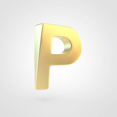 Altın harf P büyük harf. Beyaz arka plan üzerinde izole keçeleşmiş altın yazı tipinin 3D render.