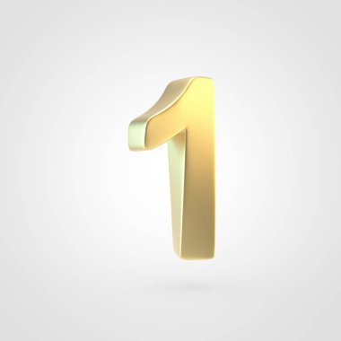 Altın sayı 1. Beyaz arka plan üzerinde izole keçeleşmiş altın yazı tipinin 3D render.