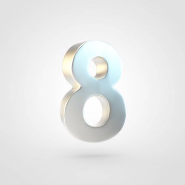 Gümüş sayı 8. Beyaz arka plan üzerinde izole keçeleşmiş altın yazı tipinin 3D render.