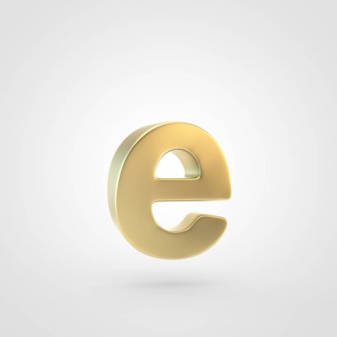 Altın harf E küçük. Beyaz arka plan üzerinde izole keçeleşmiş altın yazı tipinin 3D render.