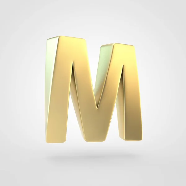 Golden letter M uppercase. 3D rendering of matted golden font isolated on white background.