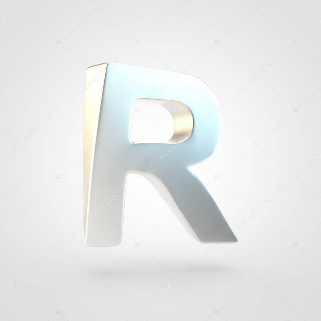 Silver letter R uppercase. 3D rendering of matted silver font isolated on white background.