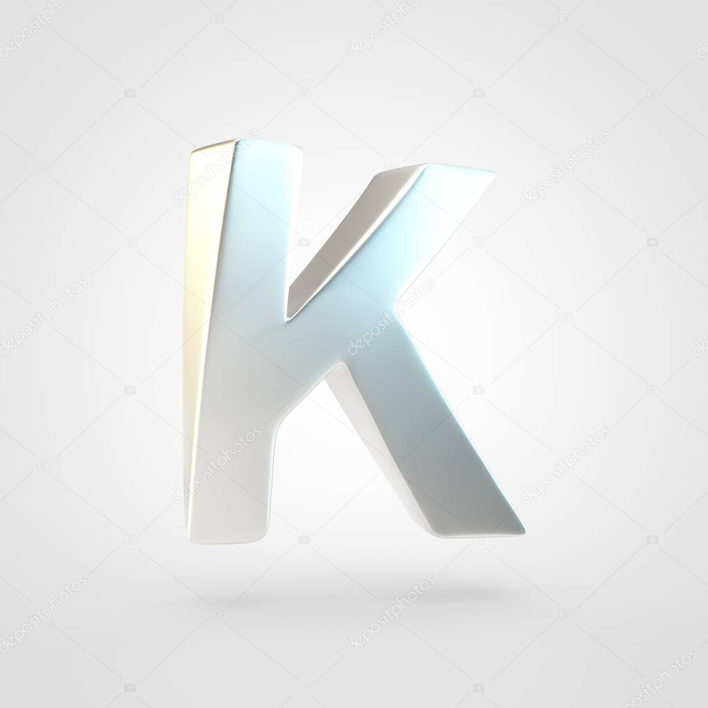 Silver letter K uppercase. 3D rendering of matted silver font isolated on white background.