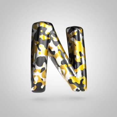 Altın, gümüş ve siyah kamuflaj desenli beyaz arka plan üzerinde izole büyük N harfi kamuflaj.